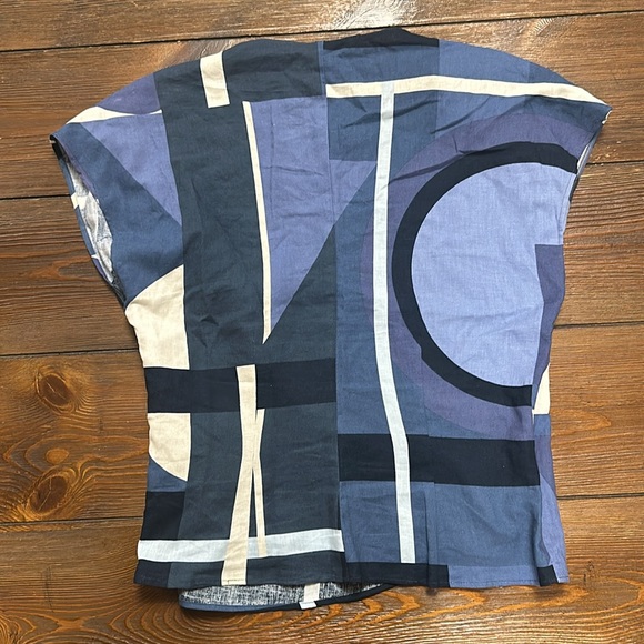 Zara Linen Blend Geometric Printed Blue Top Blouse M - Picture 2 of 8